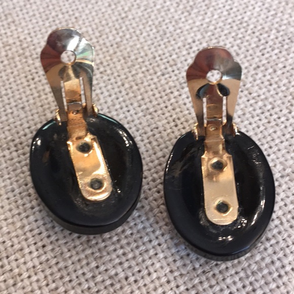 Vintage Black Lacquer AB Rhinestone Clip Earrings - Picture 8 of 11